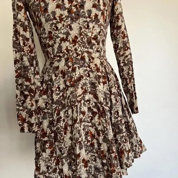 H&M Size 2 Floral Long Sleeve Fit & Flare Mini Dress Brown Orange Fall Summer - Picture 5 of 6